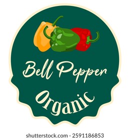 Organic Bell Pepper packaging tag. Classic vegetable label tag or sticker with bell peppers. Fresh natural product badge.
