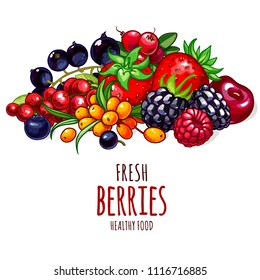 Organic berries vector background. Healthy summer food template for design, web banner and printed materials.