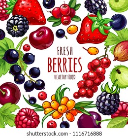 Organic berries vector background. Healthy summer food template for design, web banner and printed materials.