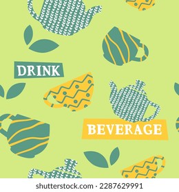 Organic beverage, tasty and delicious drink. Herbal assortment and variety of aroma. Pots and cups with handles, cafe menu. Seamless pattern, wallpaper or background print. Vector in flat style