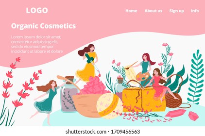 Organic bio cosmetics online shop, girls, beauty and dermatology store flat cartoon vector illustration. Organic cosmetics and natural plants extracts, skin care webite, internet shop.