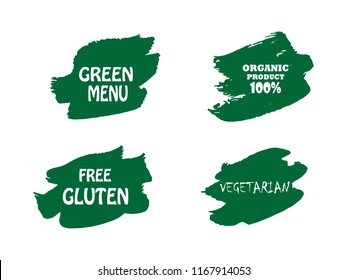 Organic, bio, eco, natural product, vegan food, natural farming, vegetarian labels. Vector collection of paint brush strokes isolated on white background. Hand drawn abstract design elements set.