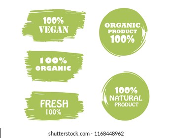 Organic, bio, eco, natural product, vegan food, natural farming, vegetarian labels. Vector collection of paint brush strokes isolated on white background. Hand drawn abstract design elements set.