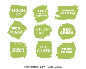 Organic, bio, eco, natural product, vegan food, natural farming, vegetarian labels. Vector collection of paint brush strokes isolated on white background. Hand drawn abstract design elements set.