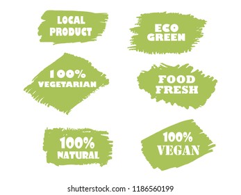 Organic, bio, eco, natural product, vegan food, natural farming, vegetarian labels. Vector collection of paint brush strokes isolated on white background. Hand drawn abstract design elements set.