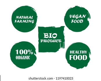 Organic, bio, eco, natural product, vegan food, natural farming, vegetarian labels. Vector collection of paint brush strokes isolated on white background. Hand drawn abstract design elements set.