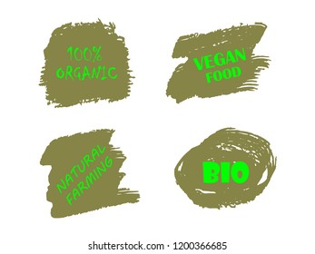 Organic, bio, eco, natural product, vegan food, natural farming, vegetarian labels. Vector collection of paint brush strokes isolated on white background. Hand drawn abstract design elements set.