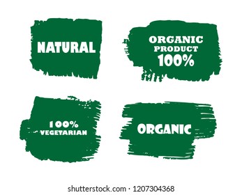 Organic, bio, eco, natural product, vegan food, natural farming, vegetarian labels. Vector collection of paint brush strokes isolated on white background. Hand drawn abstract design elements set.