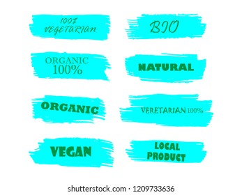 Organic, bio, eco, natural product, vegan food, natural farming, vegetarian labels. Vector collection of paint brush strokes isolated on white background. Hand drawn abstract design elements set.