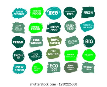 Organic, bio, eco, natural product, vegan food, natural farming, vegetarian labels. Vector collection of paint brush strokes isolated on white background. Hand drawn abstract design elements set.