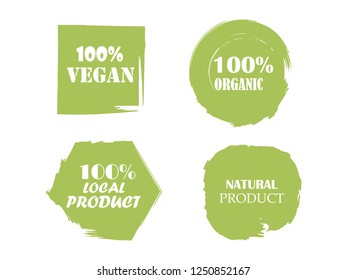 Organic, bio, eco, natural product, vegan food, natural farming, vegetarian labels. Vector collection of paint brush strokes isolated on white background. Hand drawn abstract design elements set.