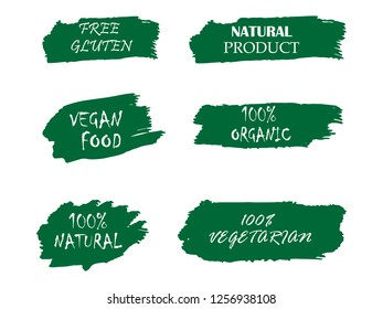 Organic, bio, eco, natural product, vegan food, natural farming, vegetarian labels. Vector collection of paint brush strokes isolated on white background. Hand drawn abstract design elements set.