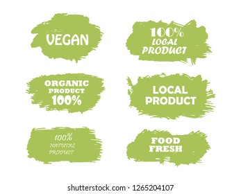 Organic, bio, eco, natural product, vegan food, natural farming, vegetarian labels. Vector collection of paint brush strokes isolated on white background. Hand drawn abstract design elements set.