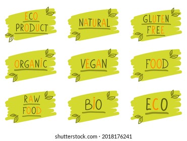 Organic, bio, eco, vegan, raw, natural food, gluten free logo or label set. Hand drawn healthy food and products design elements. Vector illustration.
