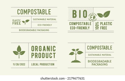 Organic, Bio labels set. Biodegradable, compostable tags. Trendy vintage labels for organic products, restaurants, food stores and packaging. Vector illustration