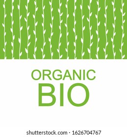 Organic bio packaging design. Stems with leaves on a green background and logo
