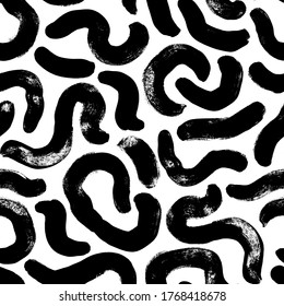 Organic and bio vector seamless pattern in Memphis style. Grunge swirled brush stroke, curly lines. Hand drawn ink illustration in eighties and nineties style. Hipster black paint geometric background