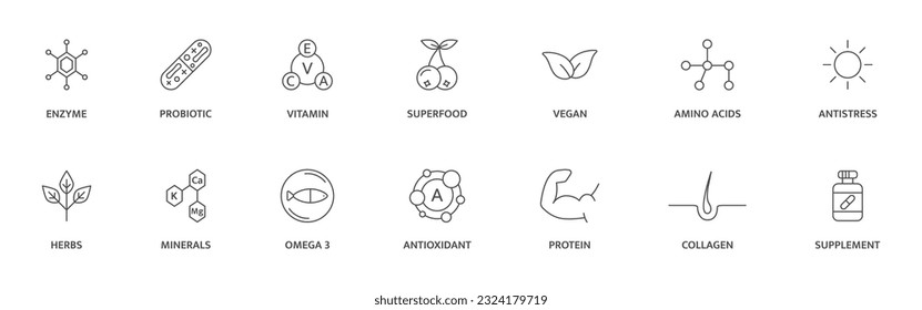 Organic, bio, vegan product label. Supplement and vitamin line icon set. Natural probiotic, protein, mineral sign for packaging. Healthy food. Detox diet badges. Nutrition sign. Vector illustration.