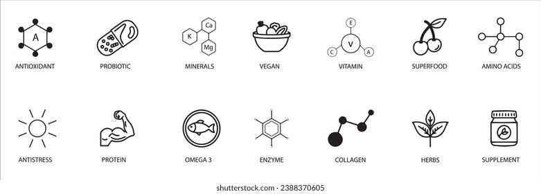 Etiqueta de producto orgánico, biológico, vegano. Conjunto de iconos de vitamina y línea suplementaria. Probiótico natural, proteína, signo mineral para el embalaje. Signo de nutrición. Alimentos saludables. Detox insignias de dieta. Ilustración del vector