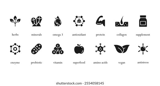 Organic, bio, vegan product label. Supplement and vitamin icon set. Natural probiotic, protein, mineral sign for packaging. Healthy food. Detox diet badges. Nutrition sign. Vector illustration.