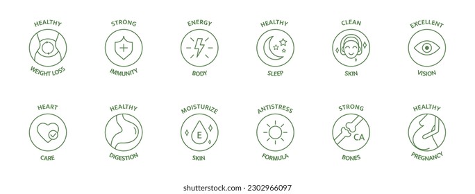 Organic, bio, vegan product line icon set. Healthy food supplement. Natural health vitamins, probiotics label for packaging. Detox diet badges. Nutrition sign. Clean skin. Vector illustration.