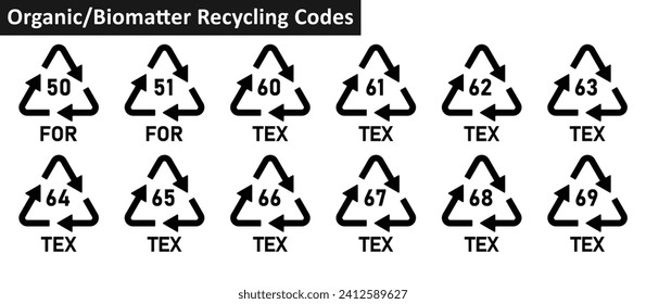 Organic biomatter recycling code icon set. Organic biomatter recycling codes 50,51,60-69 for industrial and factory product. Triangular for and tex recycling symbols on white background.