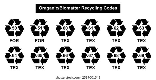 Organic and biomatter recycling code icon set. Organic and biomatter recycling codes 50,51,60-69 use for factory. recycling symbols. recycle, symbol, vector.