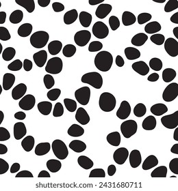 Organic black dots organized in curved lines vector seamless pattern. Pebble shaped elements repeated on white background. Creative texture for printing on various surfaces or usage in graphic design.