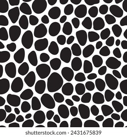 Organic black dots vector seamless pattern. Pebble shaped elements repeated on white background. Creative surface art for printing on various surfaces or usage in graphic design projects.