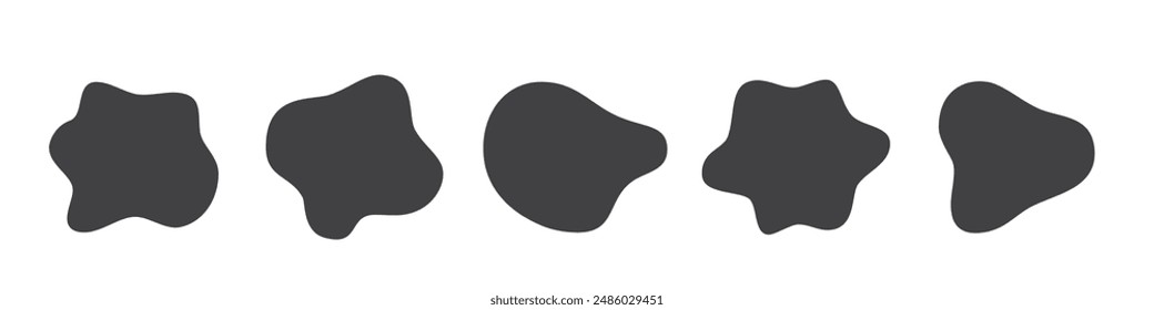 Organic blob irregular round abstract shapes vector set. Black liquid circle random amoebas isolated on white background. Fluid bobble blotch forms, deform drops, grey smooth pebbles.