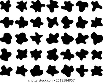 Organic blob shape. Abstract color shapes. Black wavy liquid blobs. Amorphous random irregular blobs. liquid paint blob, spreading fluid ink blotch isolated illustration set. 