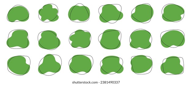 Organic blob shape, abstract green color amoeba, irregular fluid element set. Simple flat abstract splodge, amoeba blob figure, liquid shape graphic design element. Vector illustration.