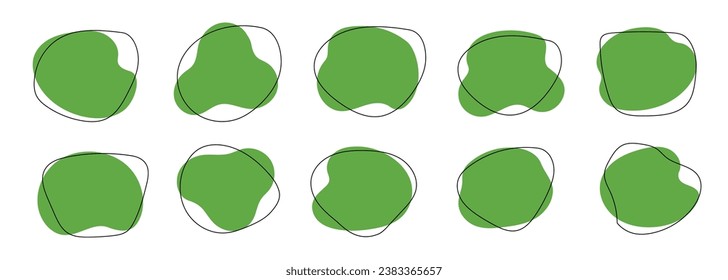 Organic blob shape, abstract green color amoeba, irregular fluid element set. Simple flat abstract splodge, amoeba blob figure, liquid shape graphic design element. Vector illustration.