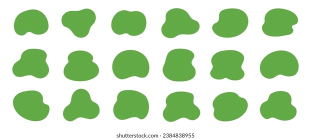 Organic blob shape, abstract green color amoeba, irregular fluid element set. Simple flat abstract splodge, amoeba blob figure, liquid shape graphic design element. Vector illustration.