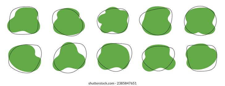 Organic blob shape, abstract green color amoeba, irregular fluid element set. Simple flat abstract splodge, amoeba blob figure, liquid shape graphic design element. Vector illustration.