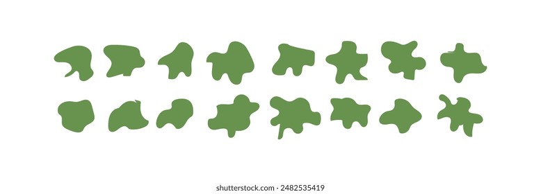 Organic blob shape, abstract green color amoeba, irregular fluid element set. Simple flat abstract splodge, amoeba blob figure, liquid shape graphic design element. Vector illustration.