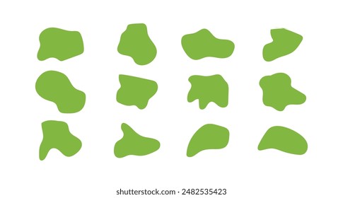 Organic blob shape, abstract green color amoeba, irregular fluid element set. Simple flat abstract splodge, amoeba blob figure, liquid shape graphic design element. Vector illustration.
