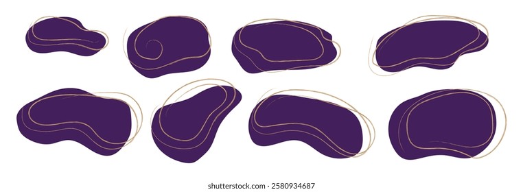 Organic blob shape abstract plum royale color season with line. Vector round blot form graphic element on transparent background. Set of irregular round graphic element. Doodle drops with outline.
