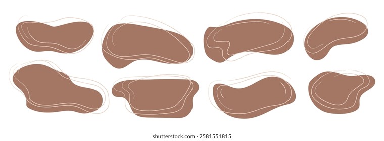 Organic blob shape abstract trendy Mocha Mousse color with line. Vector round blot form graphic element on transparent background. Set of irregular round graphic element. Doodle drops with outline.