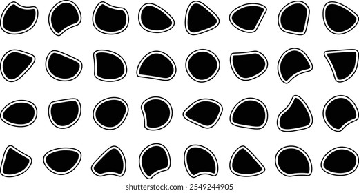 Forma orgánica de la mancha. Blobs líquidos ondulados negros. Abstractas colección de manchas irregulares aleatorias. Blob con Ilustración vectorial de contorno