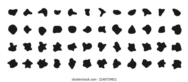 Organic blob shape, fluid irregular big bubble set, abstract pebble form collection isolated on white background. Amorphous amoeba simple silhouette, black organic oval.