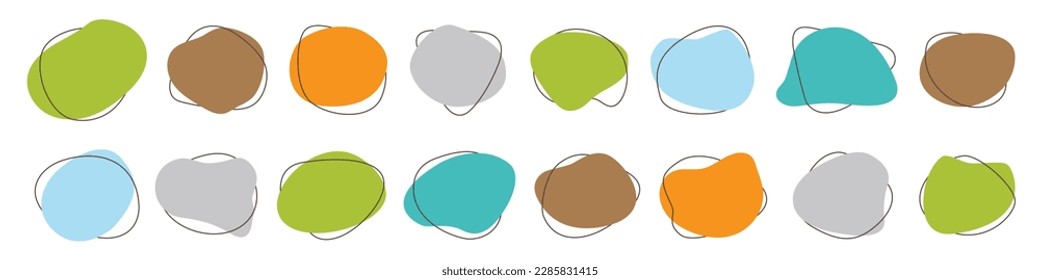 Organic blob shapes backgrounds with outline strokes around. Set of irregular vector blot forms for eco product design. Simple abstract amoeba silhouette backgrounds. Color blotch shapes.