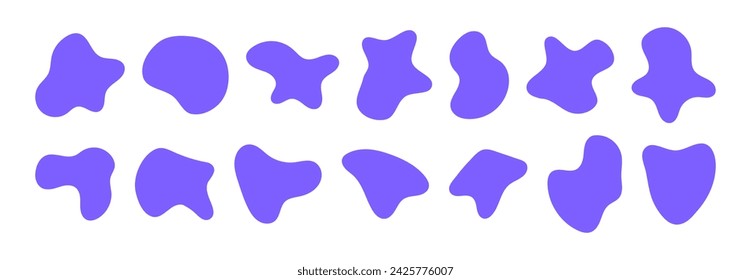 Organic blob shapes. Irregular forms. Asymmetrical flowing liquid circles. Smooth silhouette stones. Purple collection of isolated vector elements on white background.
