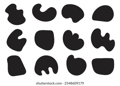 Organic blob shapes silhouette set. Different liquid shapes, pebble black decorative elements