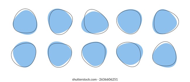 Organic blob shapes vector collection. Fluid, hand-drawn style abstract amoeba blobs. Irregular round blot with outline in blue color. Abstract liquid freeform blob shape icons.