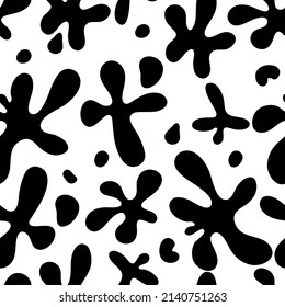 Organic blob spot seamless pattern. Organic irregular shapes black blobs. Abstract pebble silhouettes, blotch and inkblot. Simple liquid splodge elements water forms. Vector minimal bubble.
