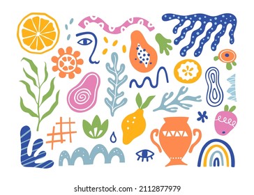 Organic blobs, tropic fruits, leaves, human face and coral in matisse style. Set of trendy doodle abstract elements. Bundle with natural shapes, random freehand matisse collection. Vector illustration