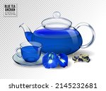 Organic blue tea Anchan, Clitoria, Butterfly Pea. Quality realistic vector, 3d illustration