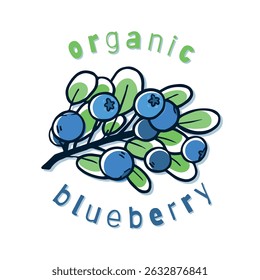Organic blueberries on a white background. Branch with summer berries and leaves in doodle style