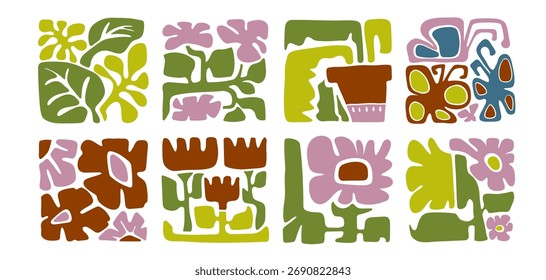 Organic boho square tiles with abstract floral shapes in green, red and pink. Hand drawn cutout style botanical elements - modern decorative set for textile prints, wallpaper or branding materials.